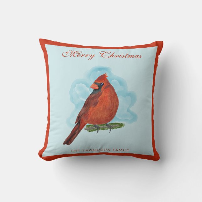 Watercolor Red Cardinal Family Name Christmas Cushion (Front)