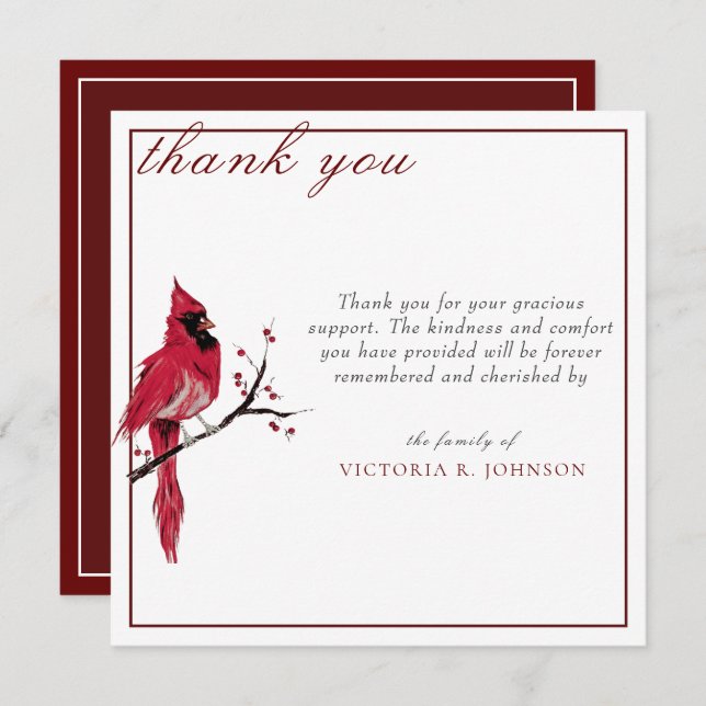 Watercolor Red Cardinal Funeral Thank You (Front/Back)