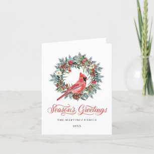 Watercolor Red Cardinal Pine Wreath Christmas Holi Holiday Card