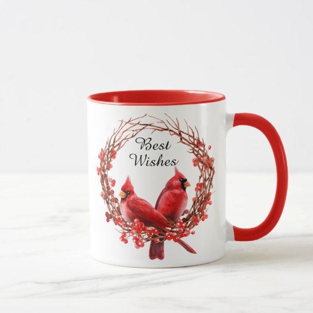 Watercolor Red Cardinals Berries Wreath Coffee Mug (Right)