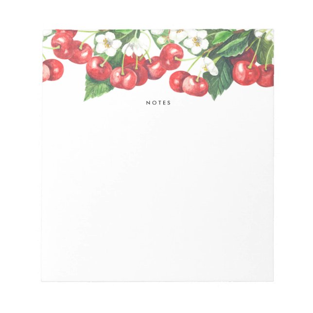 Watercolor Red Cherries Branches Garland Notepad (Front)