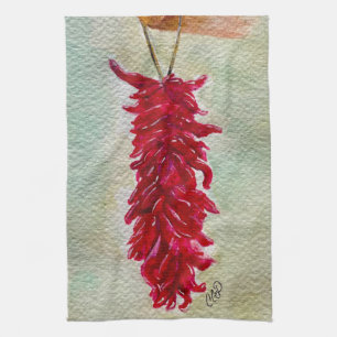 Watercolor Red Chile Ristra New Mexico Tea Towel