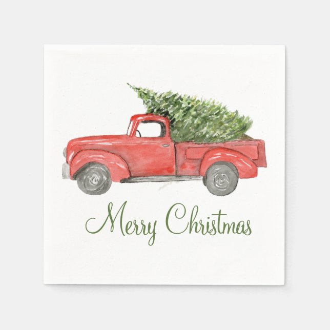 Watercolor Red Christmas Farm Truck  Napkin (Front)