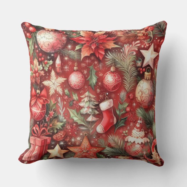 Watercolor Red Christmas Motifs Holiday Birds Cushion (Front)