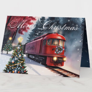 Watercolor Red Christmas Trolley Holiday Photo Card