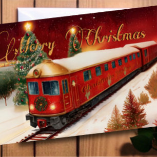 Watercolor Red Christmas Trolley Holiday Photo Card