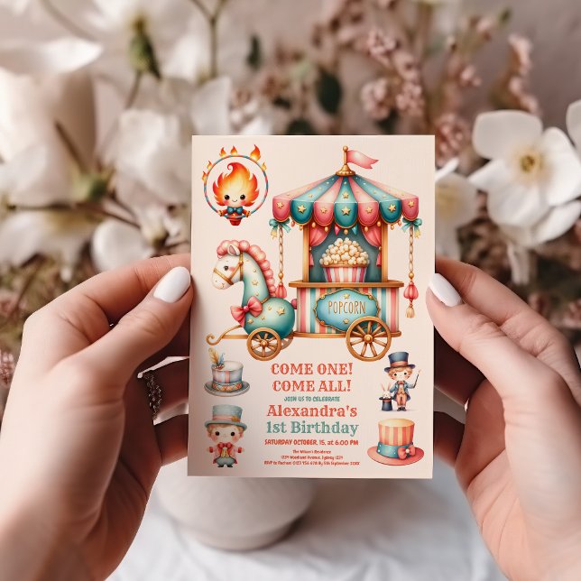 Watercolor Red Circus Carnival Baby 1st Birthday Invitation (Creator Uploaded)