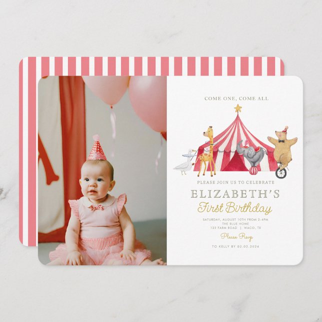 Watercolor Red Circus Photo Carnival Baby Birthday Invitation (Creator Uploaded)