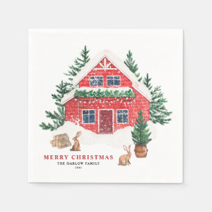 Watercolor Red Cottage and Rabbits Christmas Napkin