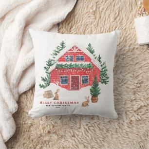 Watercolor Red Cottage Winter Scene Christmas Cushion