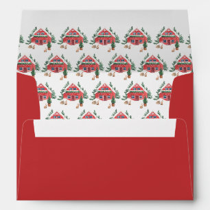 Watercolor Red Cottage Winter Scene Christmas Envelope
