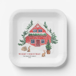 Watercolor Red Cottage Woodland Christmas Party Paper Plate