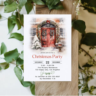 Watercolor Red Door Christmas Party Invitation