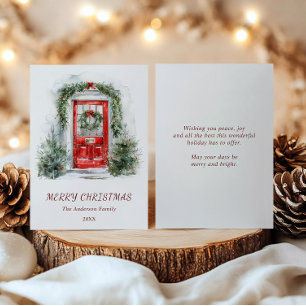 Watercolor Red Door with Green Wreath Christmas Holiday Card