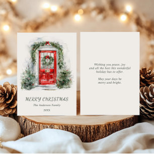Watercolor Red Door with Green Wreath Christmas Holiday Card