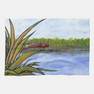 watercolor red dragonfly sitting on grass and lake tea towel