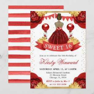 Watercolor Red Dress Hispanic Princess Sweet 16 Invitation