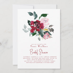 Watercolor Red Floral B/W Photo Bridal Shower Invitation