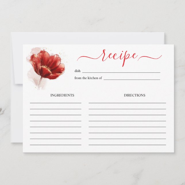 Watercolor Red Floral Bridal Shower Recipe Card (Front)