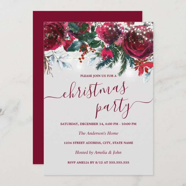 Watercolor Red Floral Christmas Party Invitation (Front/Back)