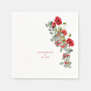 Watercolor Red Floral & Eucalyptus Names Wedding  Napkin