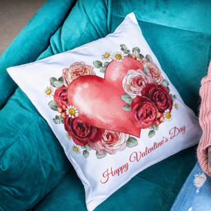 Watercolor Red Floral Heart l Chic Valentines Day  Cushion