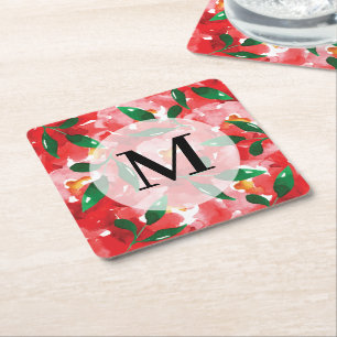 Watercolor Red Floral Monogram Square Paper Coaster