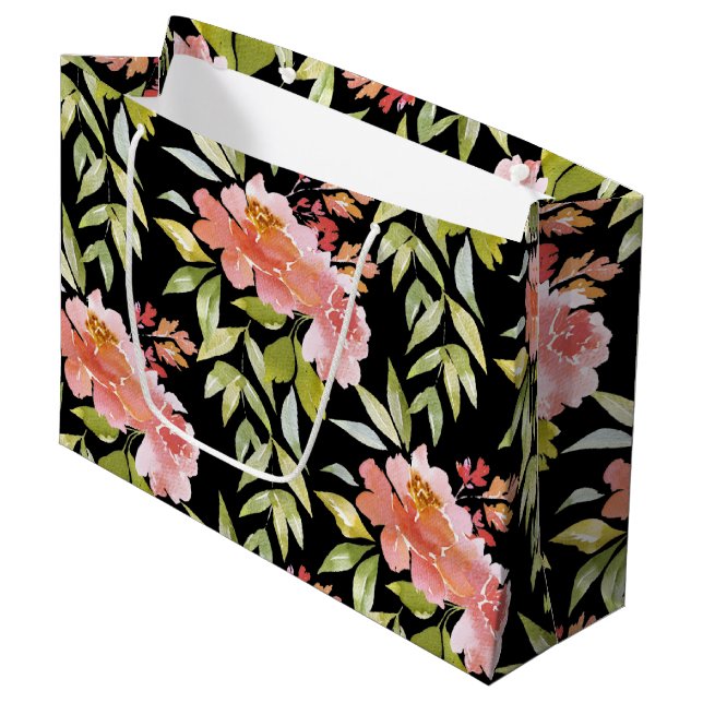 Watercolor Red Floral on Black Large Gift Bag (Front Angled)