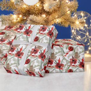 Watercolor Red Flowers Green Christmas Pattern Wrapping Paper