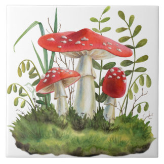 Watercolor Red Forest Wild Mushrooms Ceramic Tile