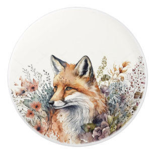 Watercolor Red Fox In Wildflowers Ceramic Knob
