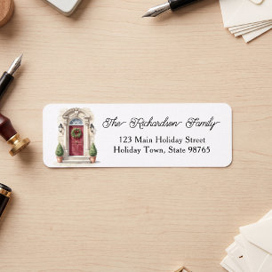 Watercolor Red Front Door Christmas Wreath Address Return Address Label