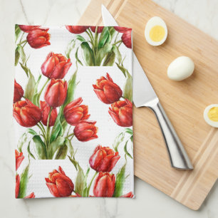 Watercolor Red Garden Flower Poppy Floral Tea Towel