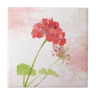 Watercolor Red Geranium Garden Flowers Ceramic Tile