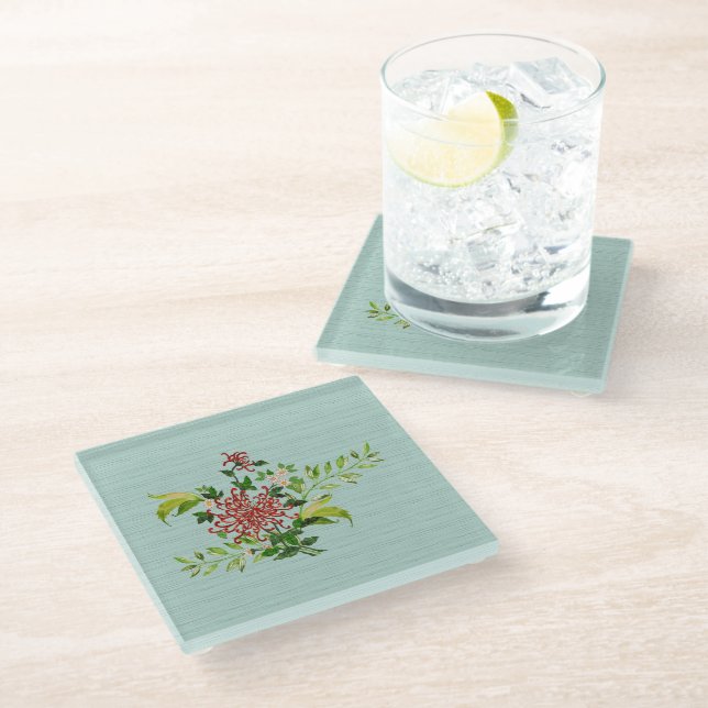 Watercolor Red Gerbera Daisy Acrylic w/ Greenery Glass Coaster (Angled)