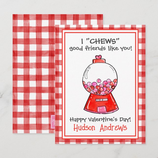 Watercolor Red Gingham Gumballs Valentine's Cards (Front/Back)