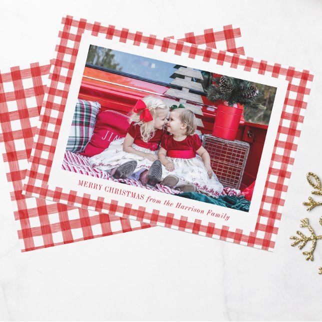 Watercolor Red Gingham Photo Christmas Holiday Card (Creator Uploaded)