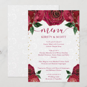 Watercolor Red Glam Roses Flowers Wedding Menu