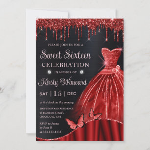 Watercolor Red Glitter Dress Sweet Sixteen Invitation