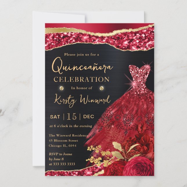 Watercolor Red & Gold Glitter Dress Quinceanera Invitation (Front)