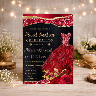 Watercolor Red & Gold Glitter Dress Sweet Sixteen Invitation