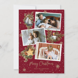 Watercolor Red Gold Photo Merry Christmas Cards