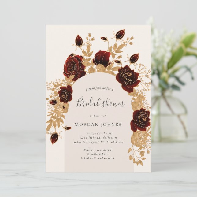 Watercolor Red Gold Roses Bridal Shower Invite (Standing Front)