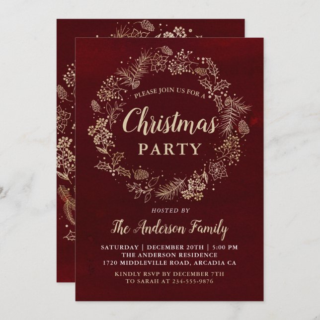 Watercolor Red Gold Wreath Christmas Party Invitation (Front/Back)