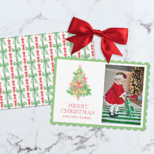 Watercolor Red Green Bow Coquette Christmas Photo Holiday Card