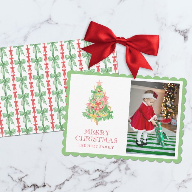 Watercolor Red Green Bow Coquette Christmas Photo Holiday Card (Creator Uploaded)