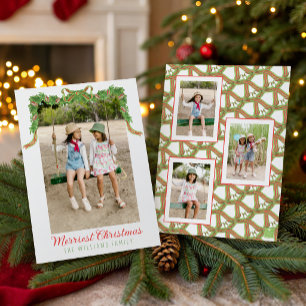 Watercolor Red & Green Bow Garland Swag Photo Holiday Card