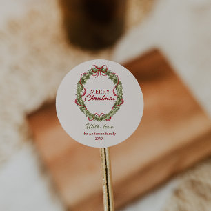 Watercolor Red Green Bow Wreath Merry Christmas Classic Round Sticker