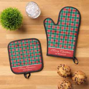 Watercolor Red Green Buffalo Plaid Merry Christmas Oven Mitt & Pot Holder Set