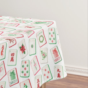 Watercolor Red & Green Christmas Tiles Tablecloth